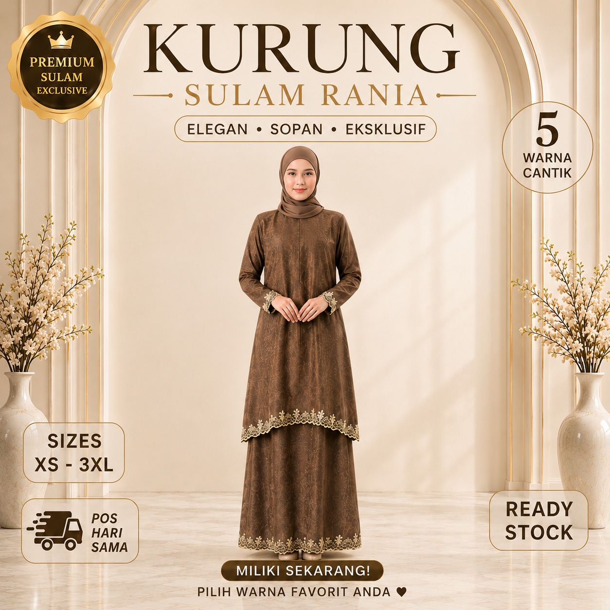 Kurung Sulam Rania Baju Kurung Satin Sil Printed Embroidery - Pink, Hitam, Krim, Coklat, Ungu - Set Wanita