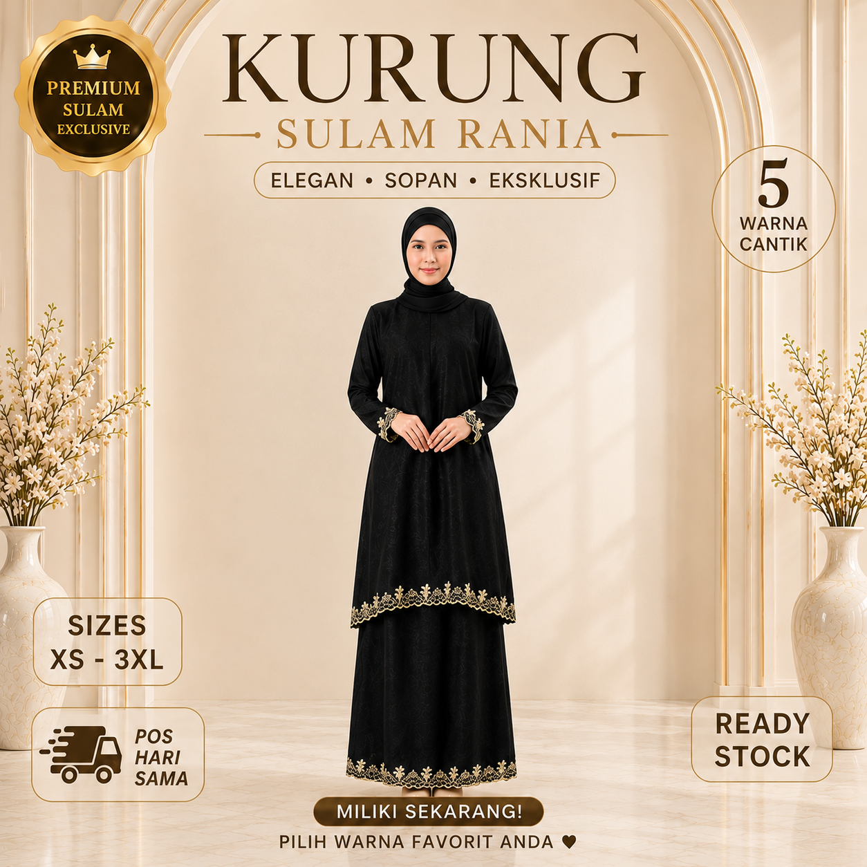 Kurung Sulam Rania Baju Kurung Satin Sil Printed Embroidery - Pink, Hitam, Krim, Coklat, Ungu - Set Wanita