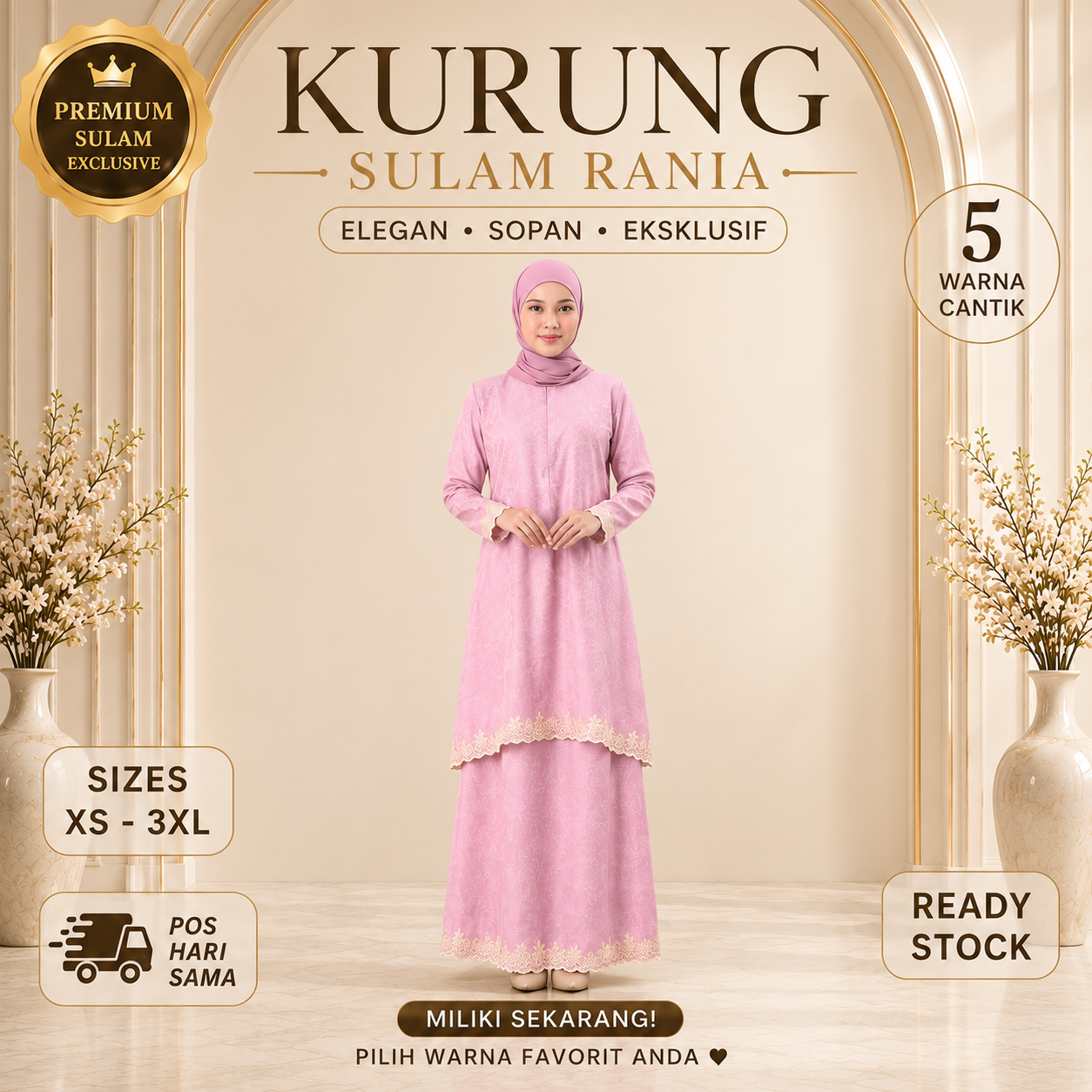 Kurung Sulam Rania Baju Kurung Satin Sil Printed Embroidery - Pink, Hitam, Krim, Coklat, Ungu - Set Wanita