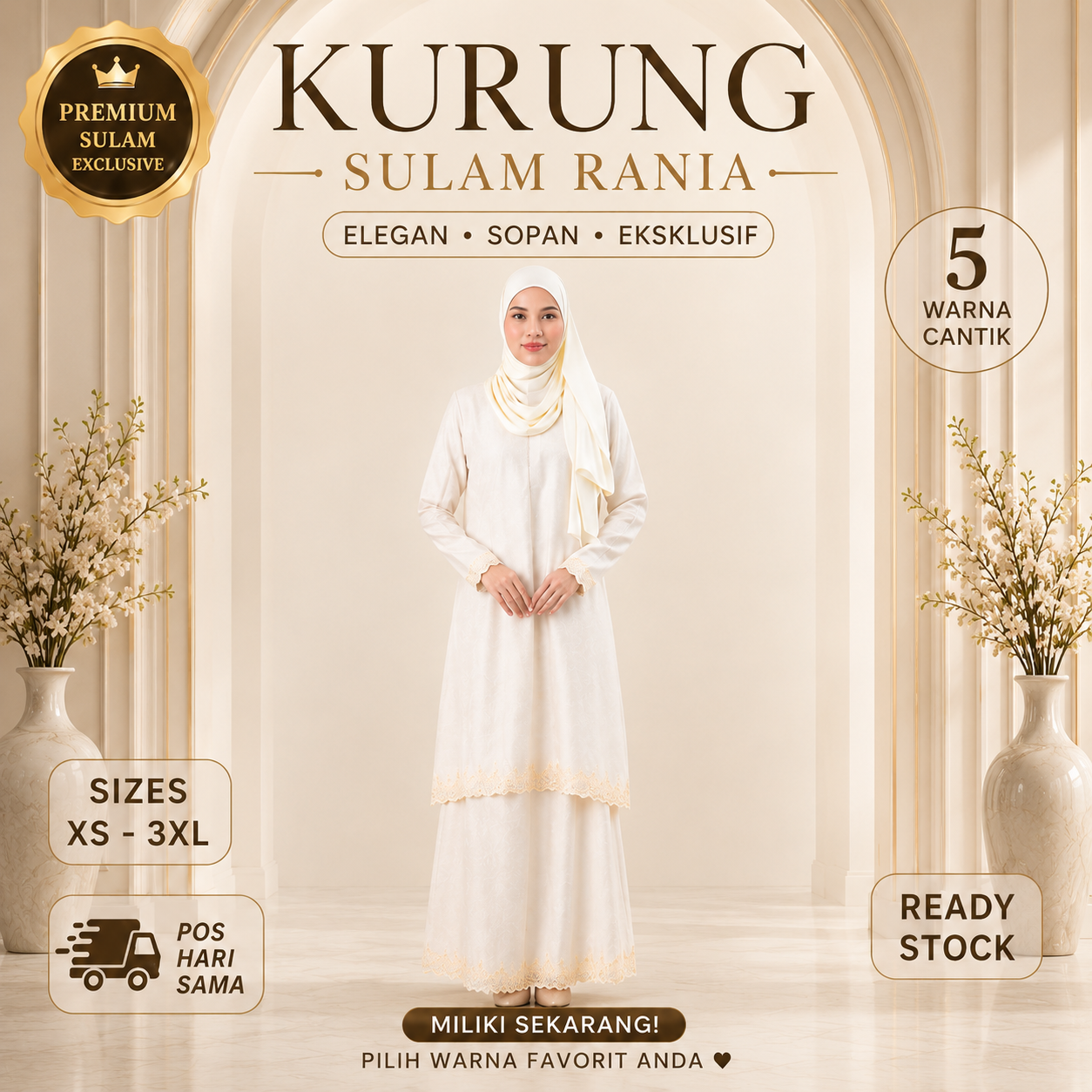 Kurung Sulam Rania Baju Kurung Satin Sil Printed Embroidery - Pink, Hitam, Krim, Coklat, Ungu - Set Wanita