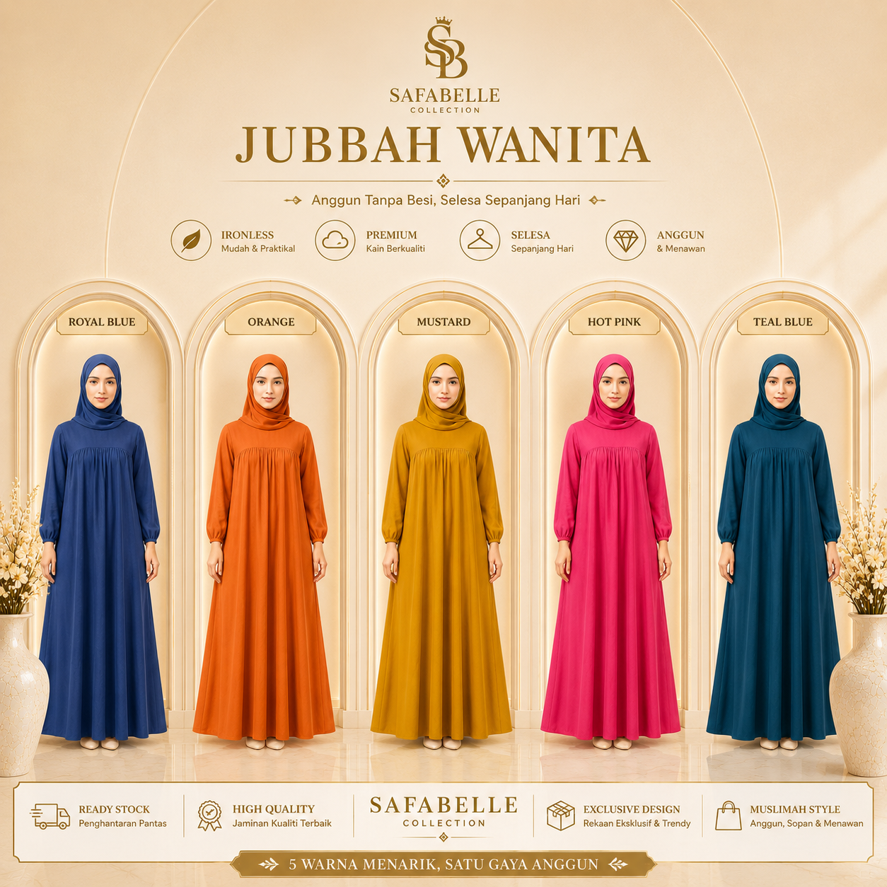 Baju Jubbah Wanita Cey Dawasa Ironless Warna Merah Jambu Kusam [READY STOCK] - Clothing