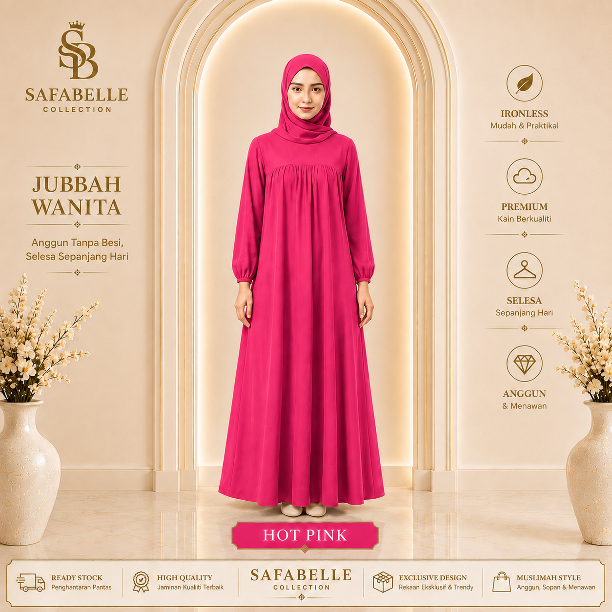 Baju Jubbah Wanita Cey Dawasa Ironless Warna Merah Jambu Kusam [READY STOCK] - Clothing