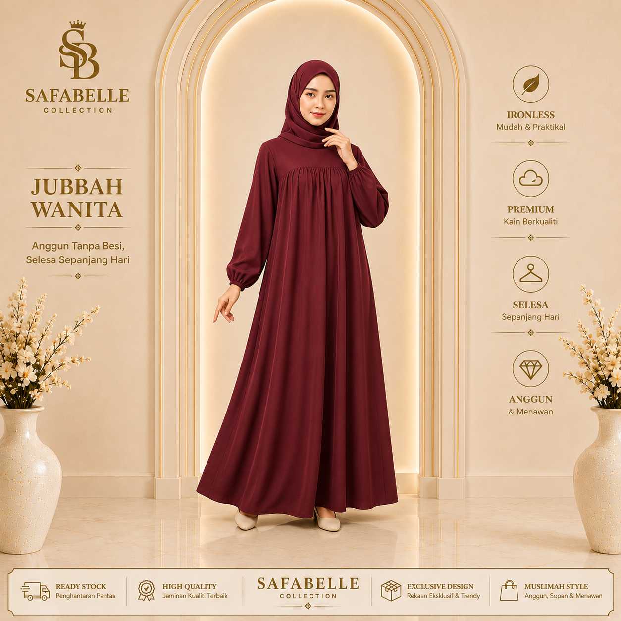 Baju Jubbah Wanita Cey Dawasa Ironless Warna Merah Jambu Kusam [READY STOCK] - Clothing