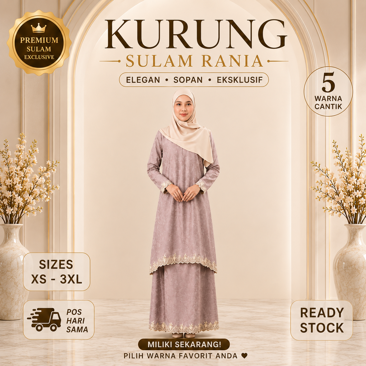 Kurung Sulam Rania Baju Kurung Satin Sil Printed Embroidery - Pink, Hitam, Krim, Coklat, Ungu - Set Wanita