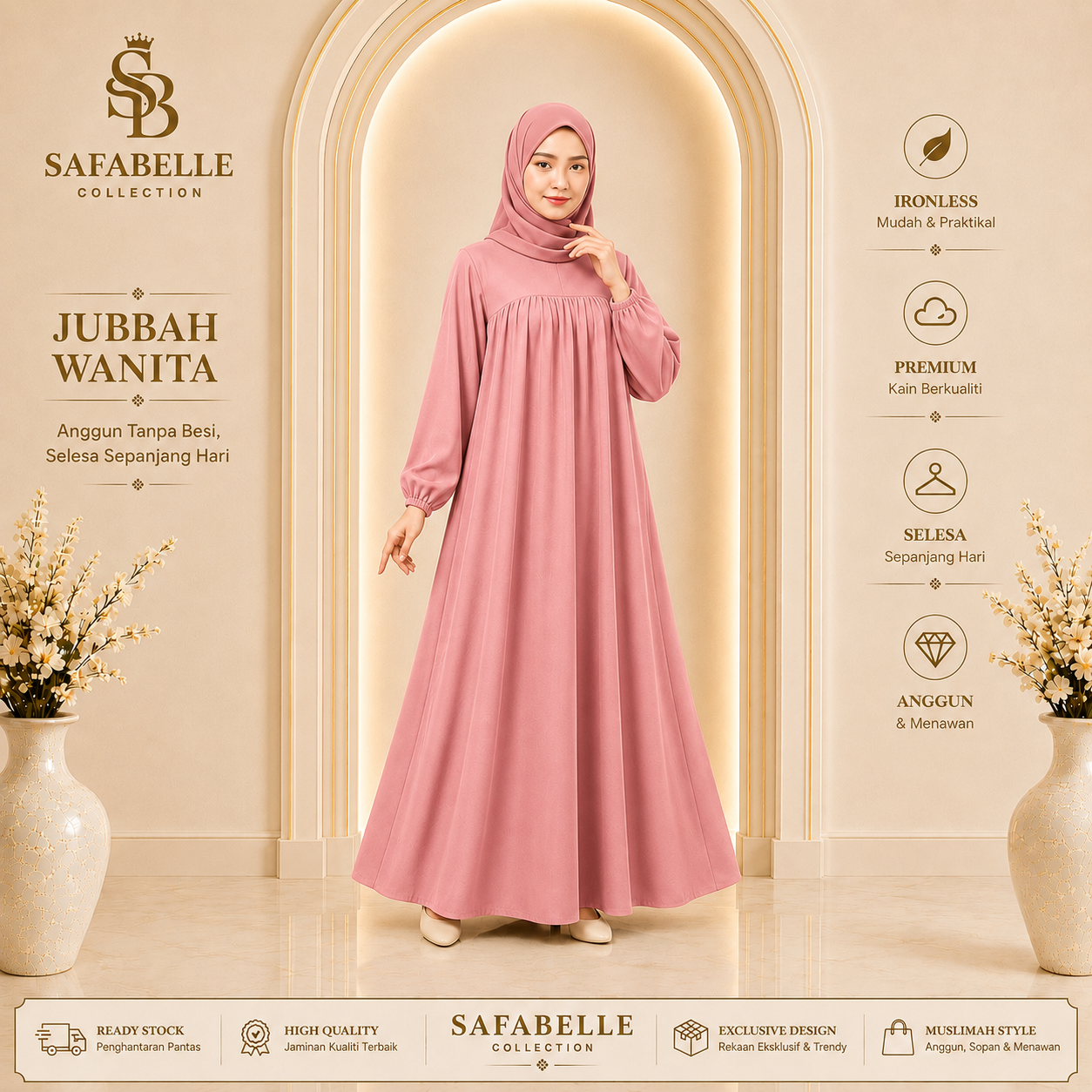 Baju Jubbah Wanita Cey Dawasa Ironless Warna Merah Jambu Kusam [READY STOCK] - Clothing