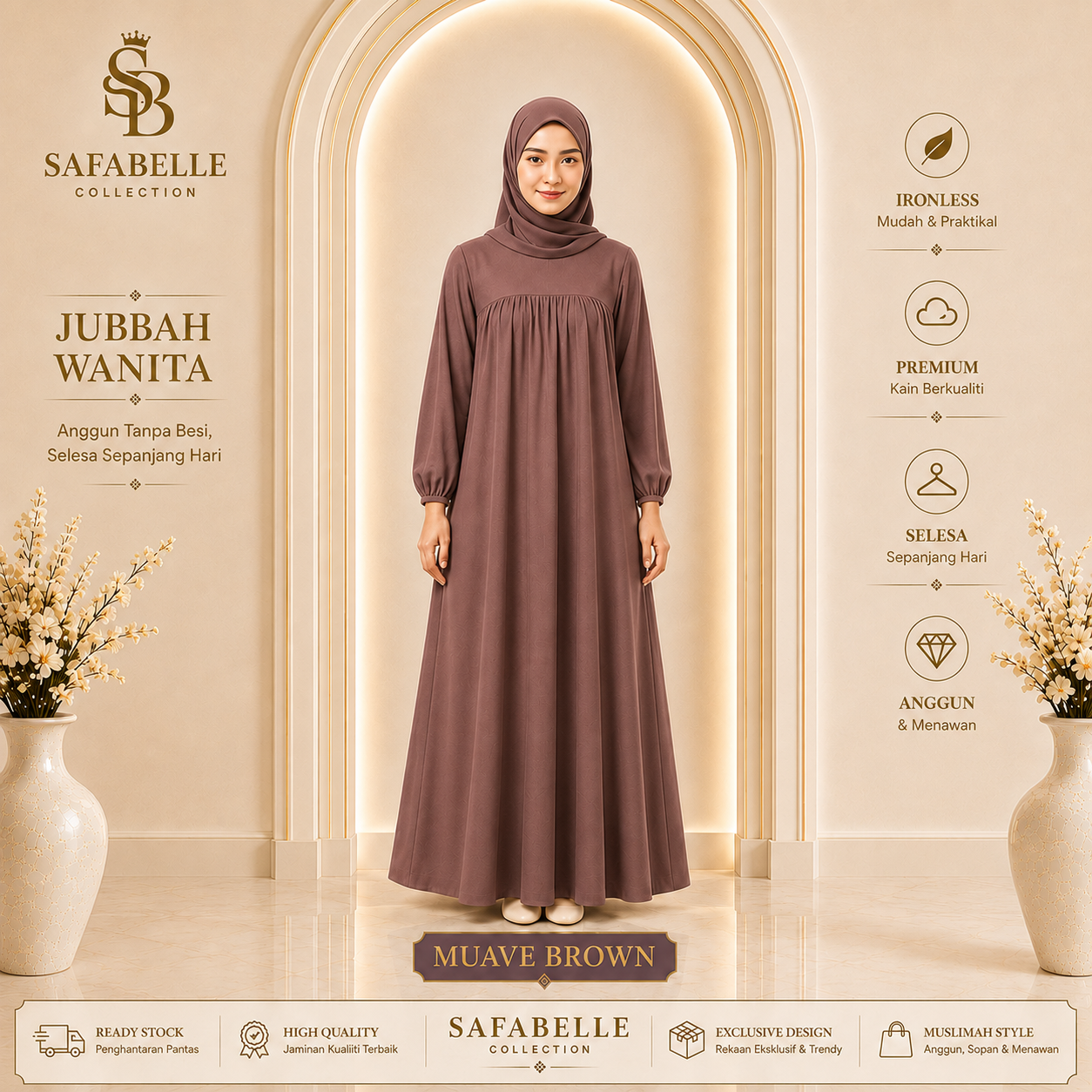 Baju Jubbah Wanita Cey Dawasa Ironless Warna Merah Jambu Kusam [READY STOCK] - Clothing