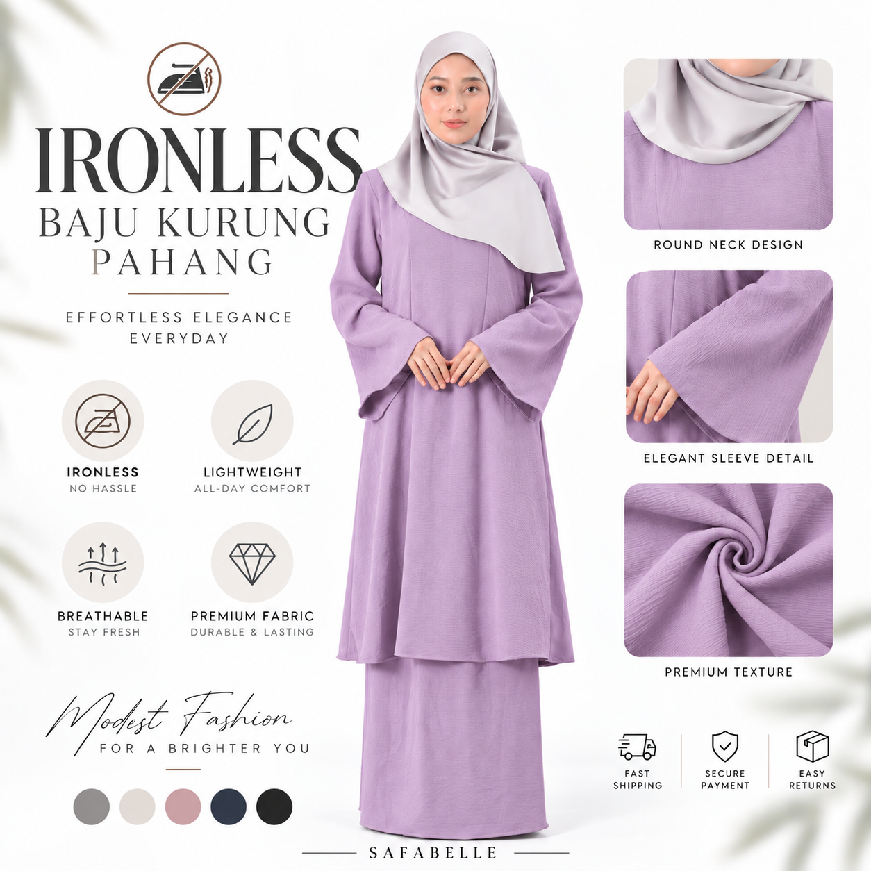 NEW IRONLESS BAJU KUNTUM KURUNG PAHANG BAJU KURUNG FOR WOMEN Wanita Dusty Pink Cotton Cey Clothing Ironless Muslimah Set Casul
