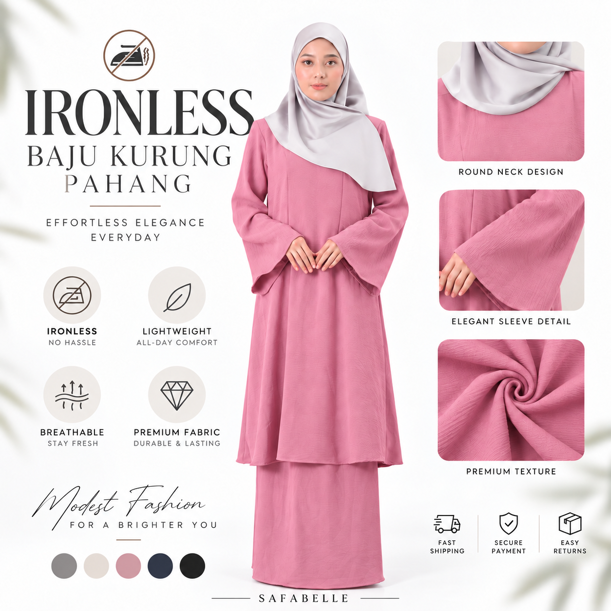 NEW IRONLESS BAJU KUNTUM KURUNG PAHANG BAJU KURUNG FOR WOMEN Wanita Dusty Pink Cotton Cey Clothing Ironless Muslimah Set Casul