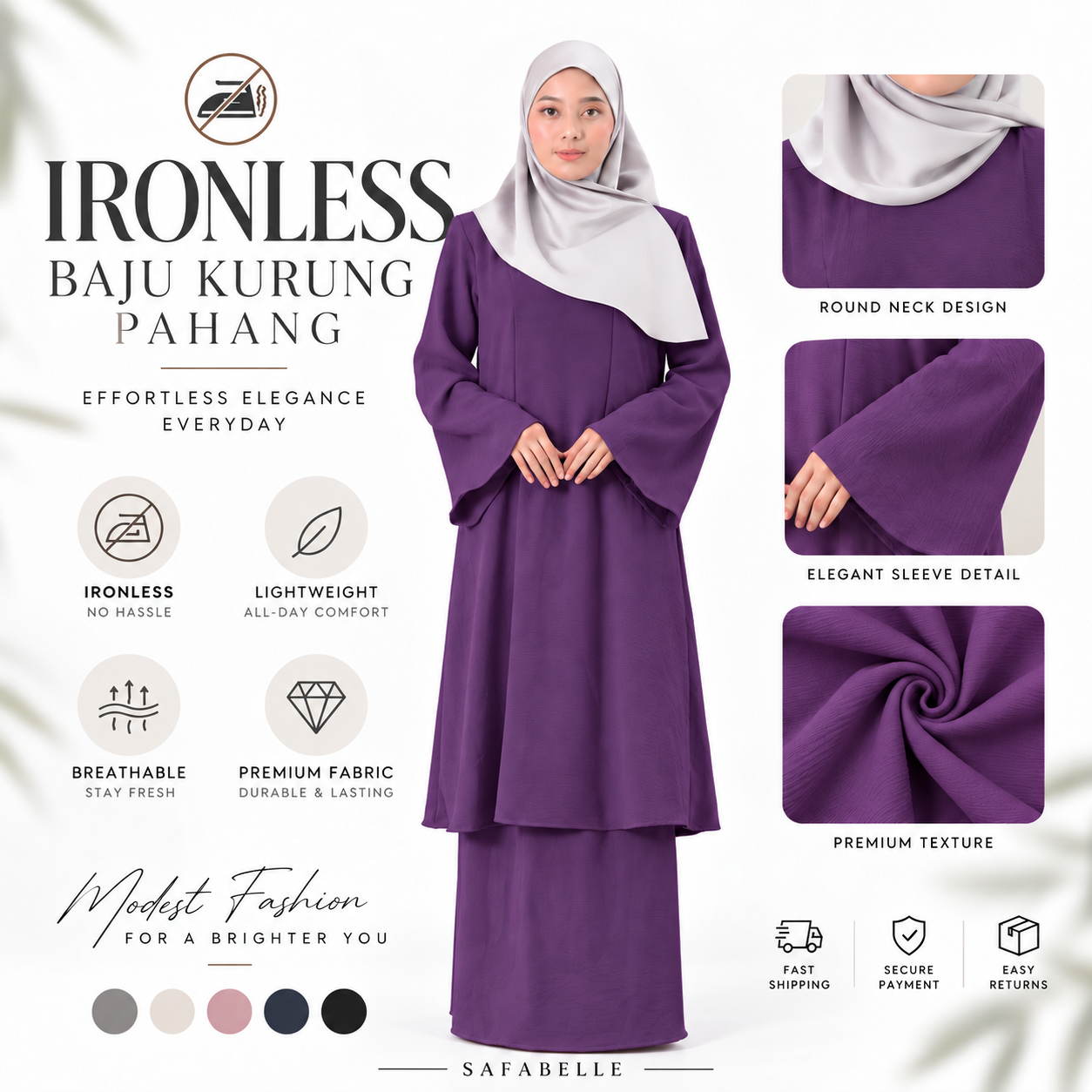 NEW IRONLESS BAJU KUNTUM KURUNG PAHANG BAJU KURUNG FOR WOMEN Wanita Dusty Pink Cotton Cey Clothing Ironless Muslimah Set Casul