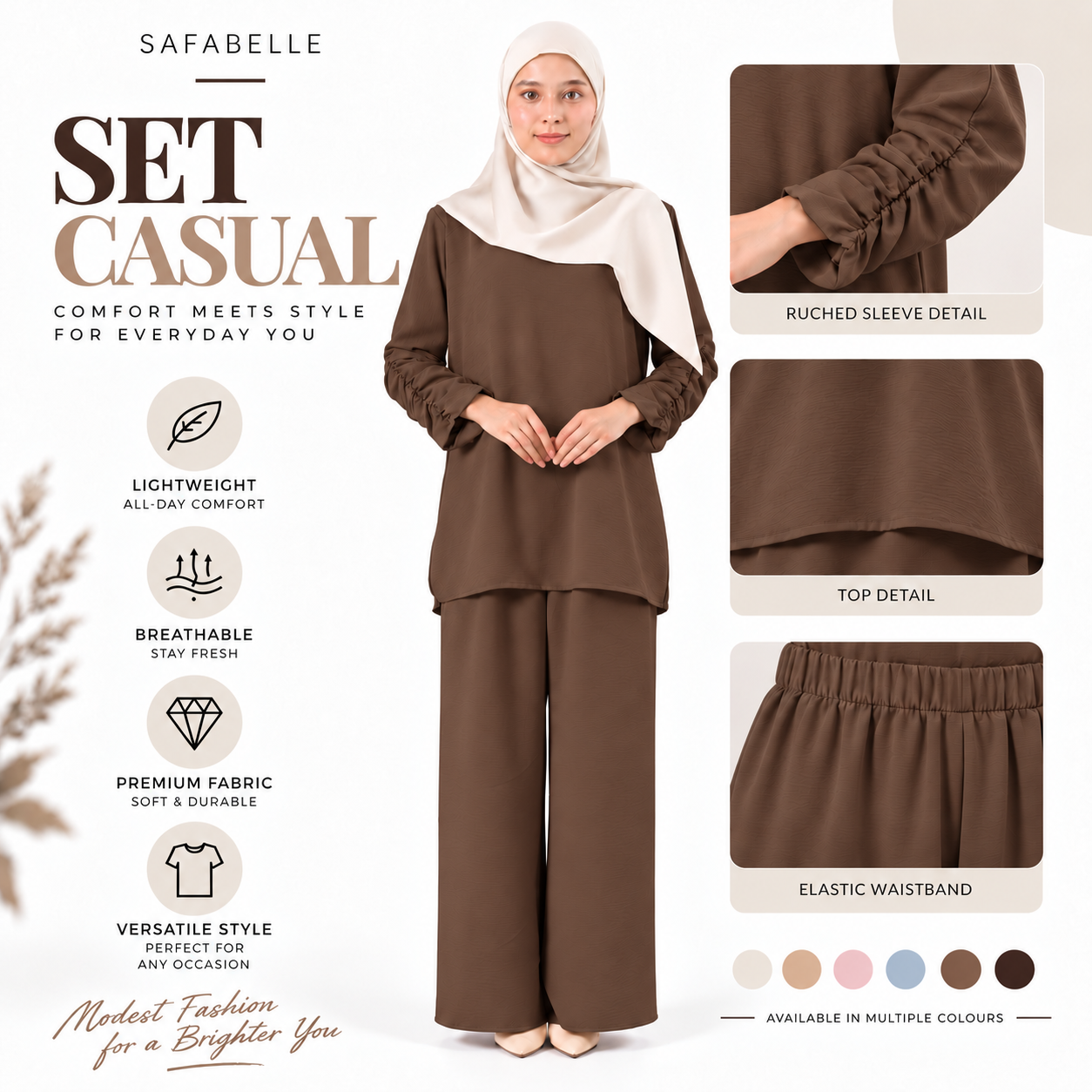 Set Baju Seluar Casual. New Seluar Baju Set Wanita - Rekaan Leher Bulat & Lengan Panjang - Flowy, Muslimah