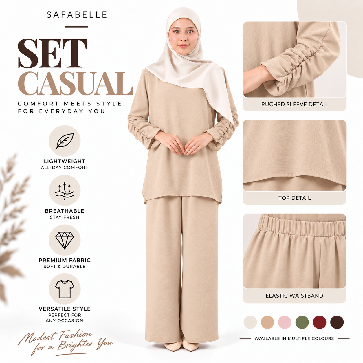 Set Baju Seluar Casual. New Seluar Baju Set Wanita - Rekaan Leher Bulat & Lengan Panjang - Flowy, Muslimah