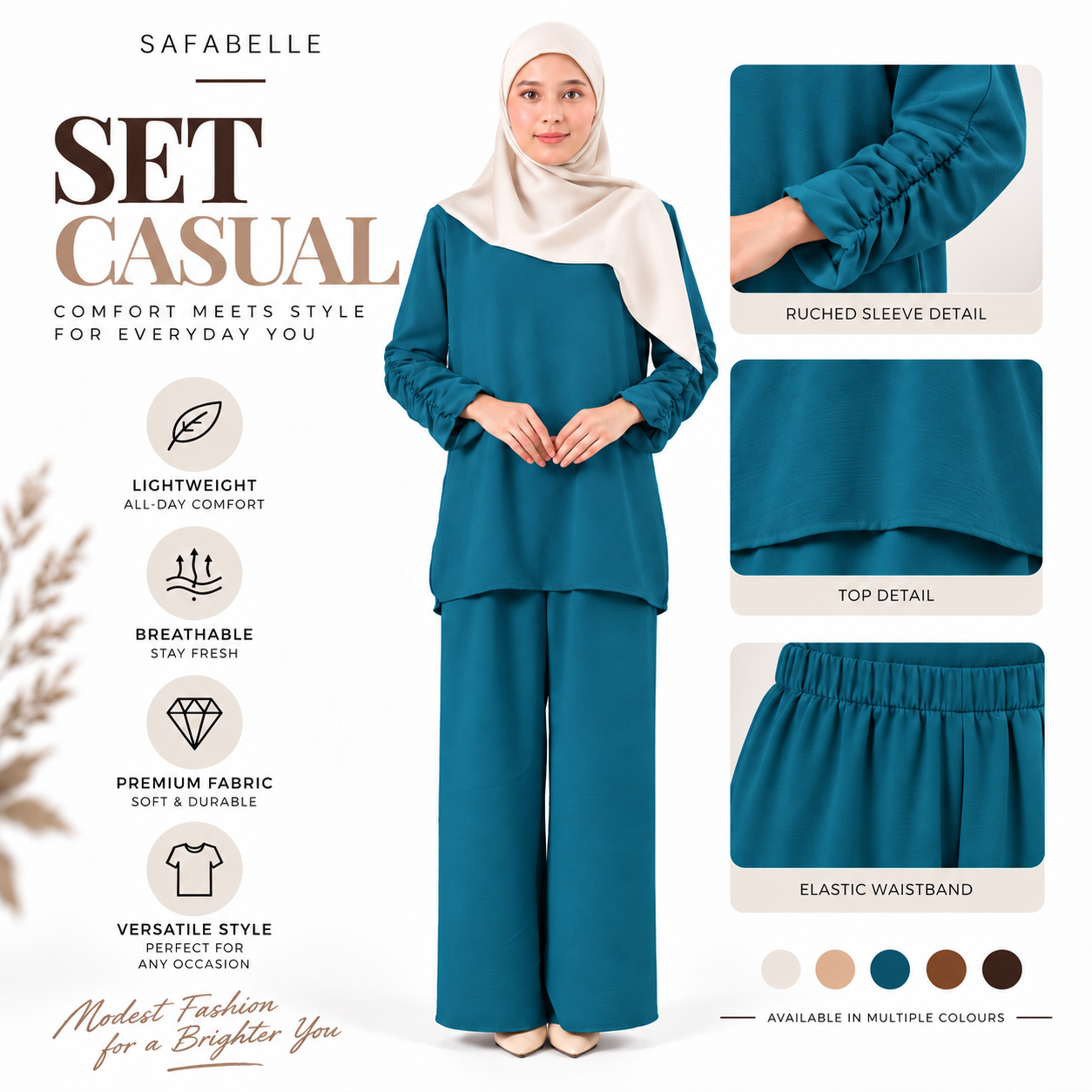 Set Baju Seluar Casual. New Seluar Baju Set Wanita - Rekaan Leher Bulat & Lengan Panjang - Flowy, Muslimah