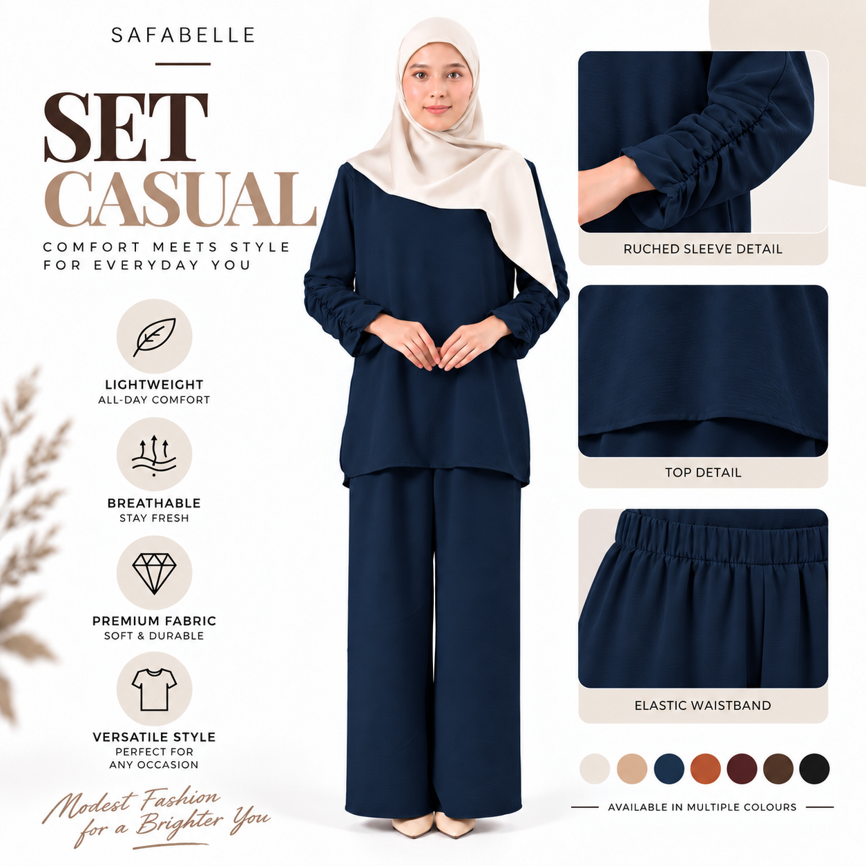 Set Baju Seluar Casual. New Seluar Baju Set Wanita - Rekaan Leher Bulat & Lengan Panjang - Flowy, Muslimah
