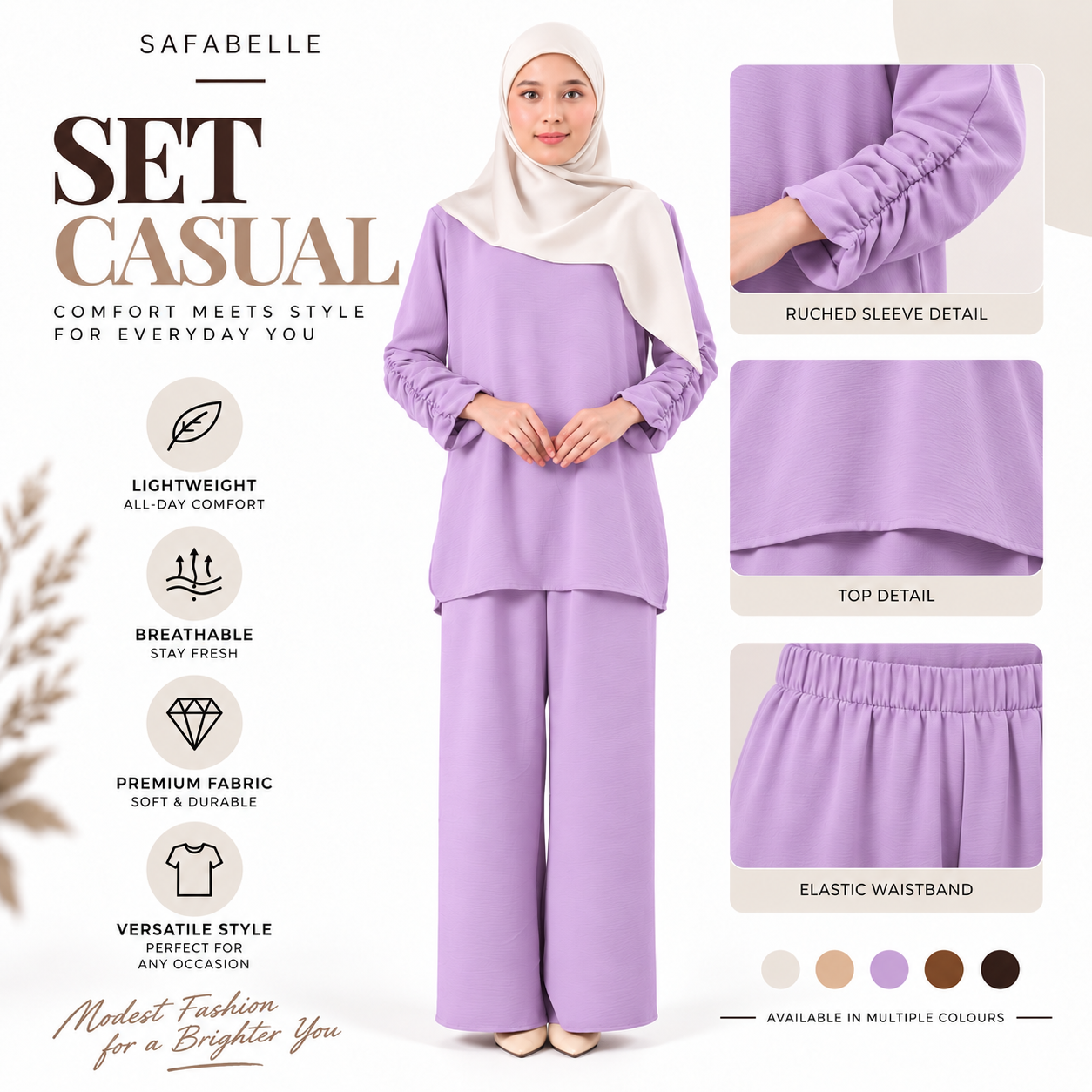 Set Baju Seluar Casual. New Seluar Baju Set Wanita - Rekaan Leher Bulat & Lengan Panjang - Flowy, Muslimah