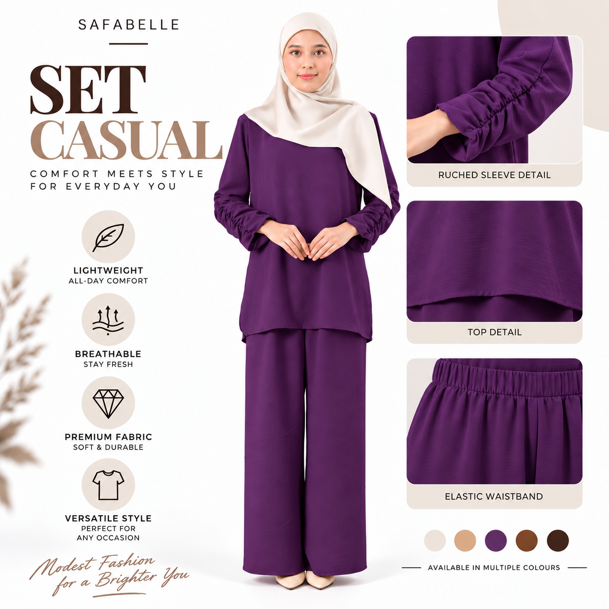 Set Baju Seluar Casual. New Seluar Baju Set Wanita - Rekaan Leher Bulat & Lengan Panjang - Flowy, Muslimah
