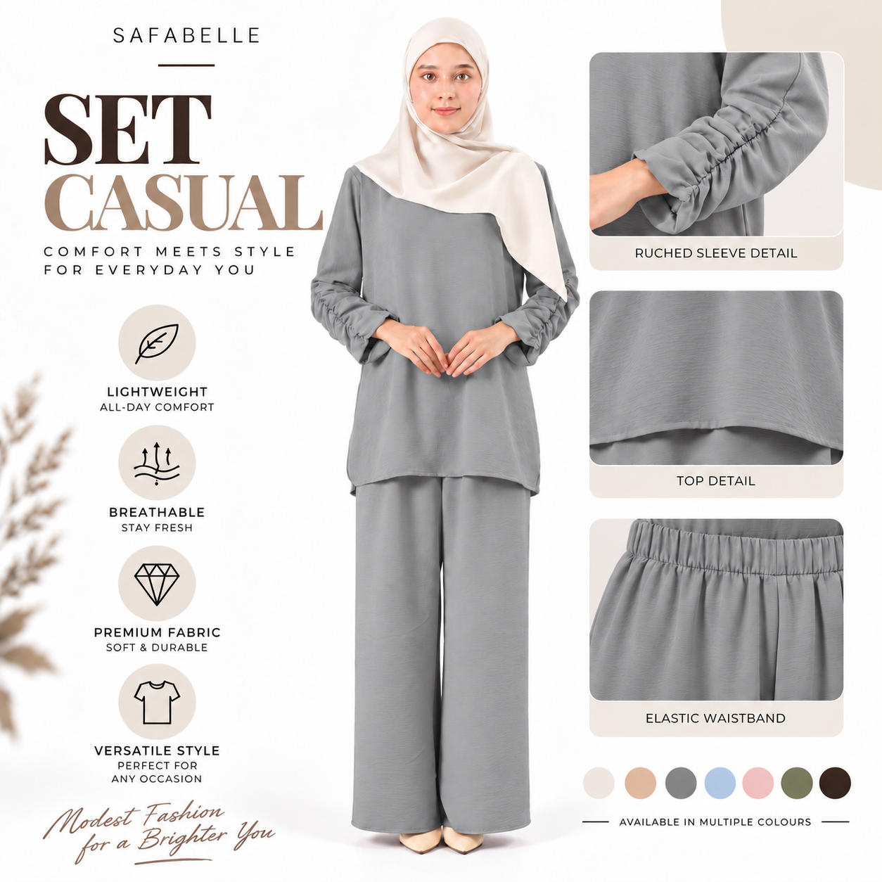 Set Baju Seluar Casual. New Seluar Baju Set Wanita - Rekaan Leher Bulat & Lengan Panjang - Flowy, Muslimah