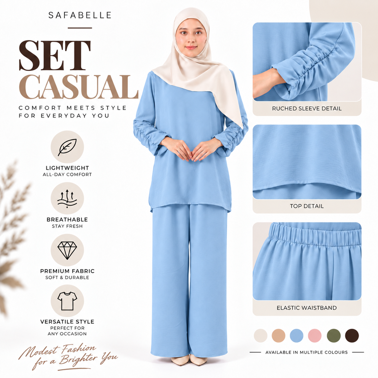 Set Baju Seluar Casual. New Seluar Baju Set Wanita - Rekaan Leher Bulat & Lengan Panjang - Flowy, Muslimah