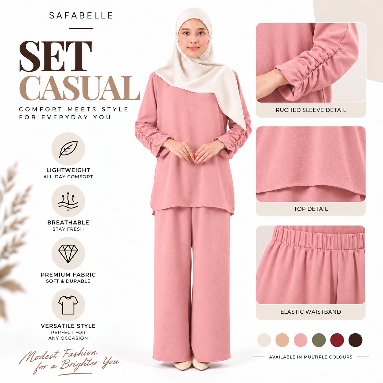 Set Baju Seluar Casual. New Seluar Baju Set Wanita - Rekaan Leher Bulat & Lengan Panjang - Flowy, Muslimah