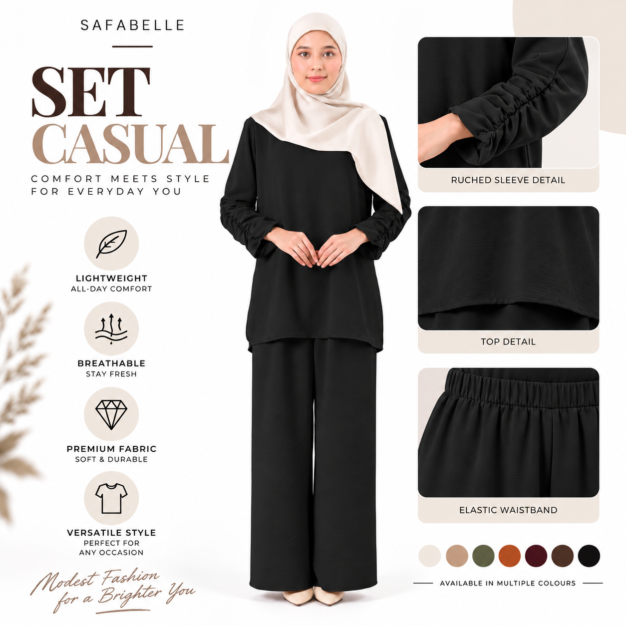 Set Baju Seluar Casual. New Seluar Baju Set Wanita - Rekaan Leher Bulat & Lengan Panjang - Flowy, Muslimah