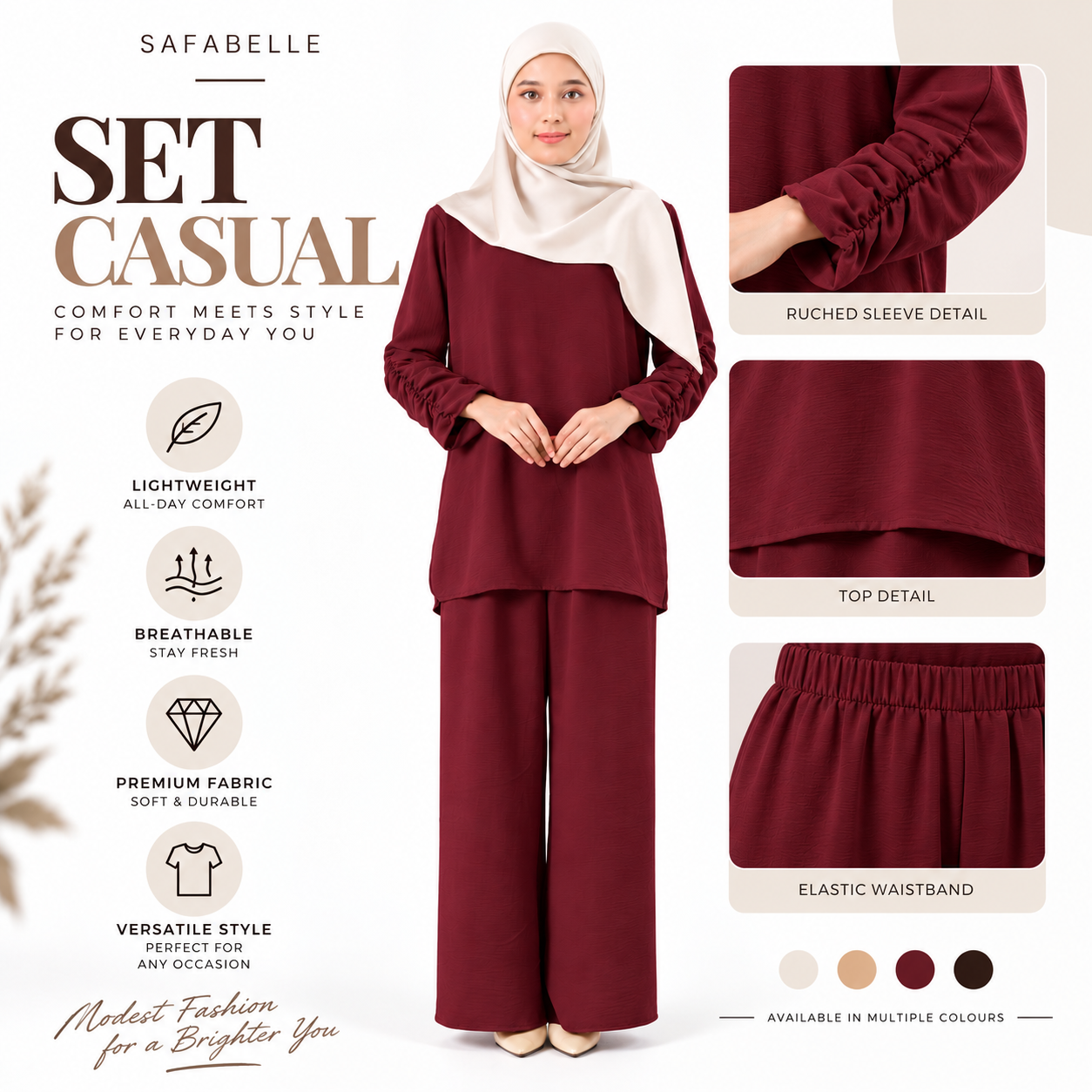 Set Baju Seluar Casual. New Seluar Baju Set Wanita - Rekaan Leher Bulat & Lengan Panjang - Flowy, Muslimah